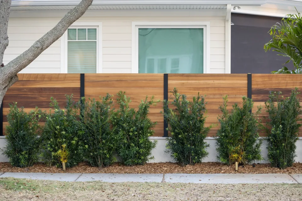 Horizontal wood fence with dark posts behind a row of garden shrubs