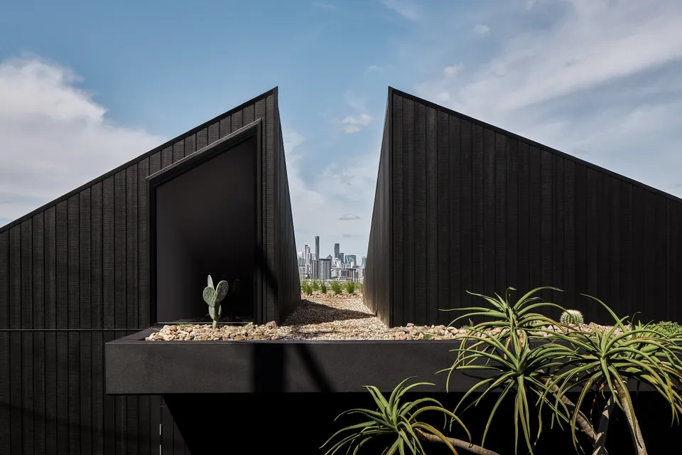 Two angular architectural volumes clad in dark vertical wood boards