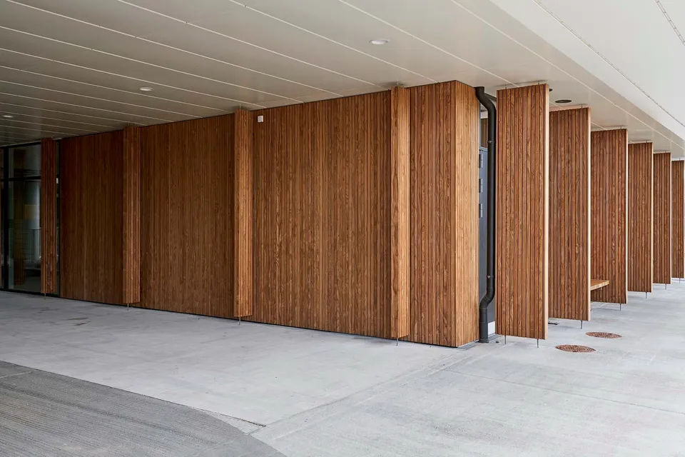 Vertical timber cladding and projecting fins beside a covered walkway