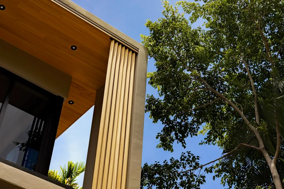 Upward view of a warm wood soffit wrapping an architectural corner beside trees