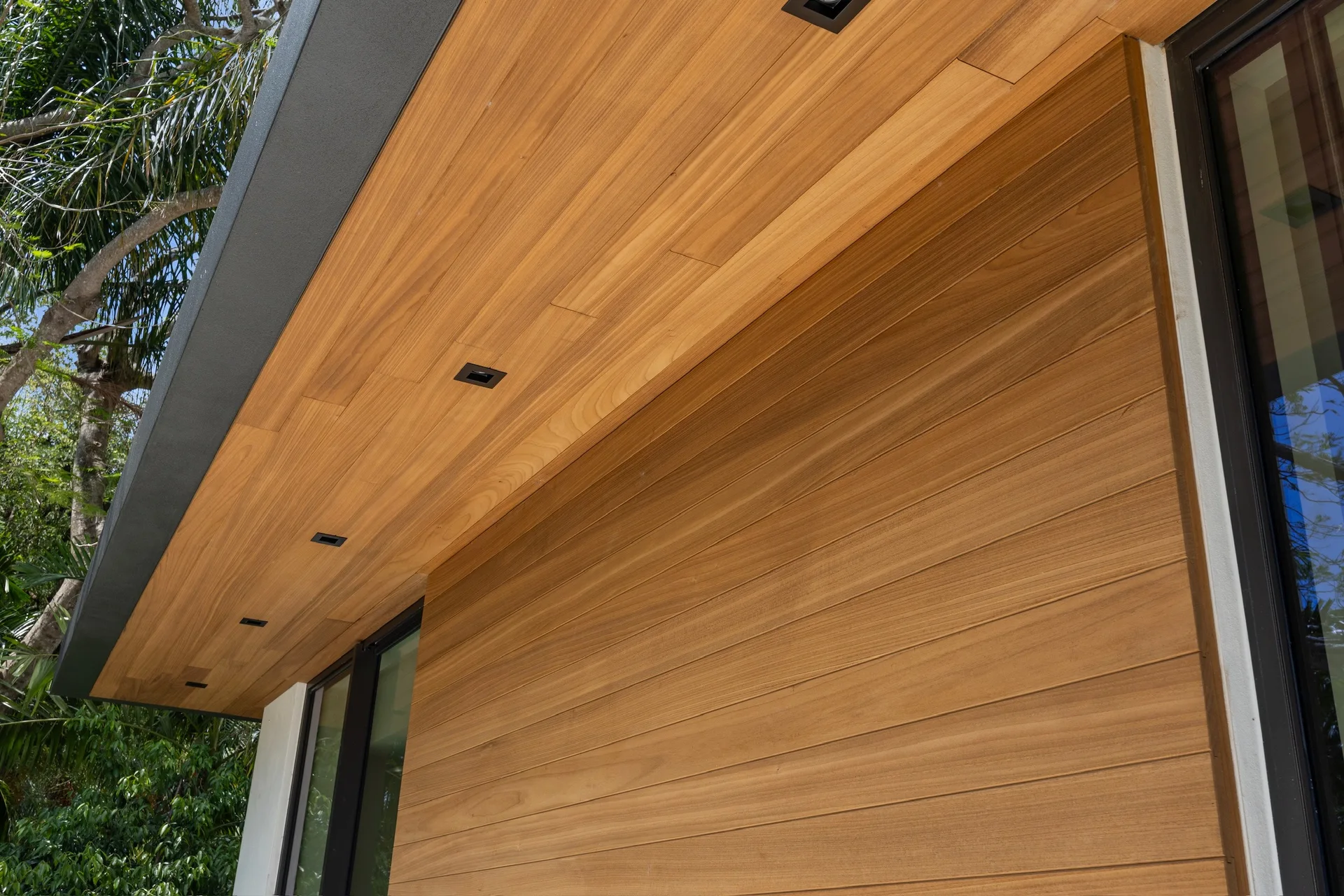 Close view of a wood soffit above horizontal wood wall cladding and a glazed door
