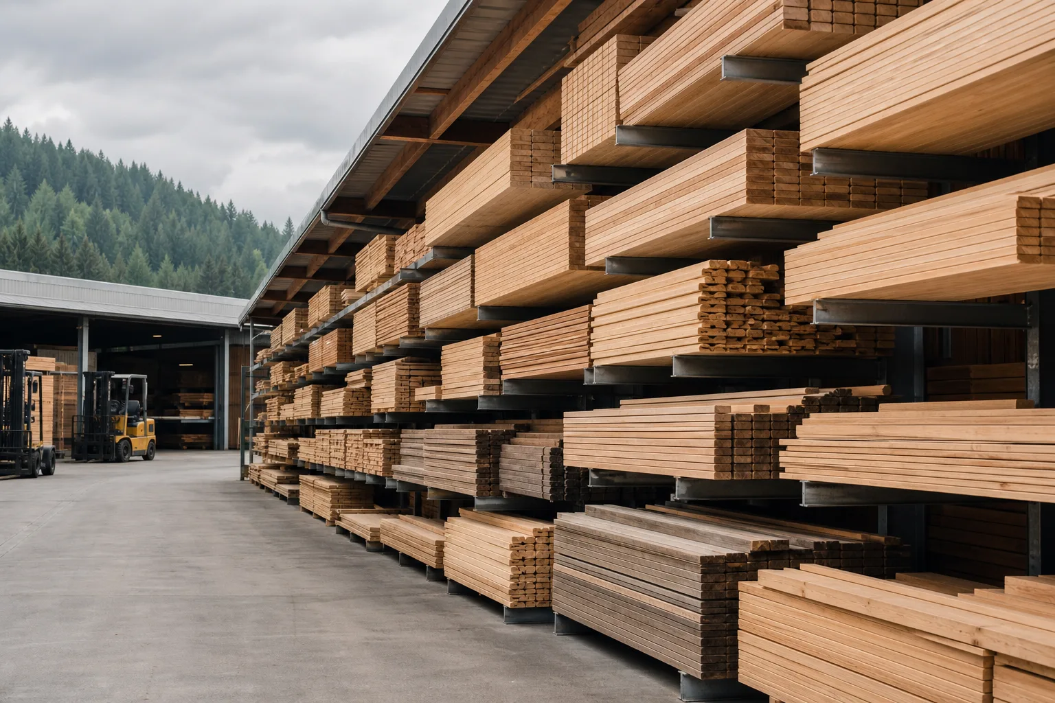 Organized Pacific Northwest lumber yard with covered racks of architectural wood