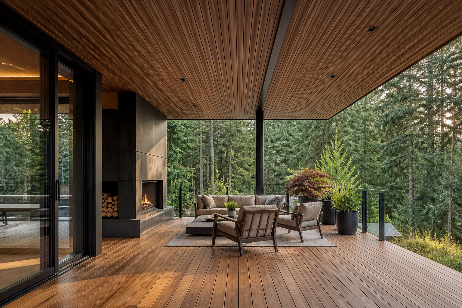 Covered outdoor living space with warm thermally modified wood decking and soffit