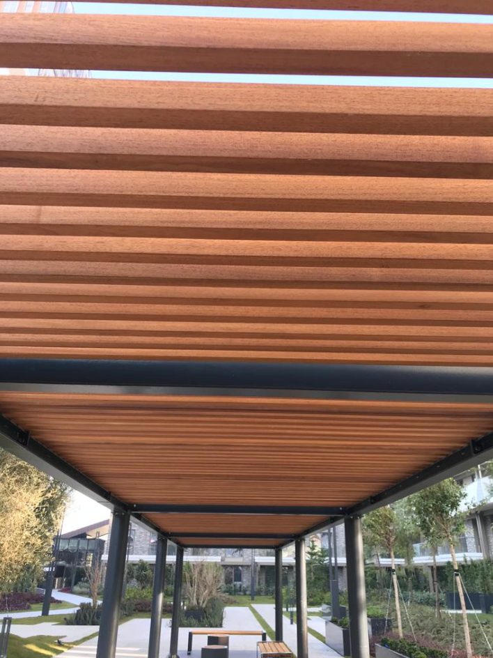 Thermally modified wood for pergolas.