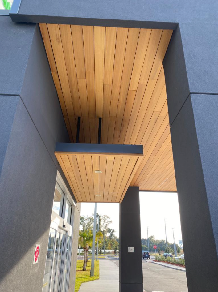 Eave accents with thermally modified wood.