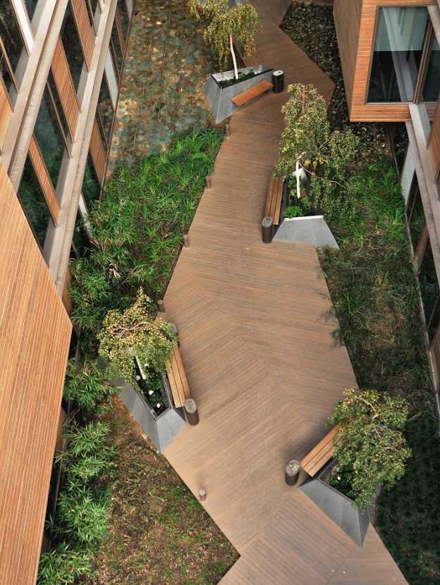 Walkways made with thermally modified wood.