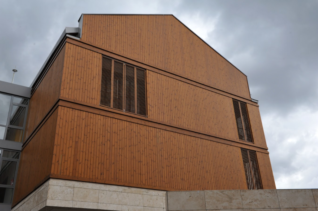 Thermally Modified Pine wood cladding on the outside of a commercial building. 